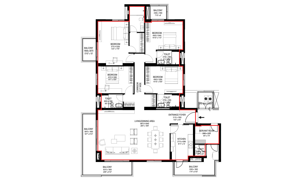3BHK+S Tower C Type 1 unit plan