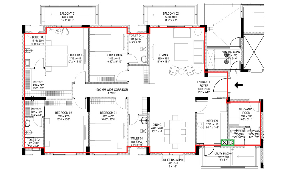 3BHK+S Tower C Type 1A unit plan