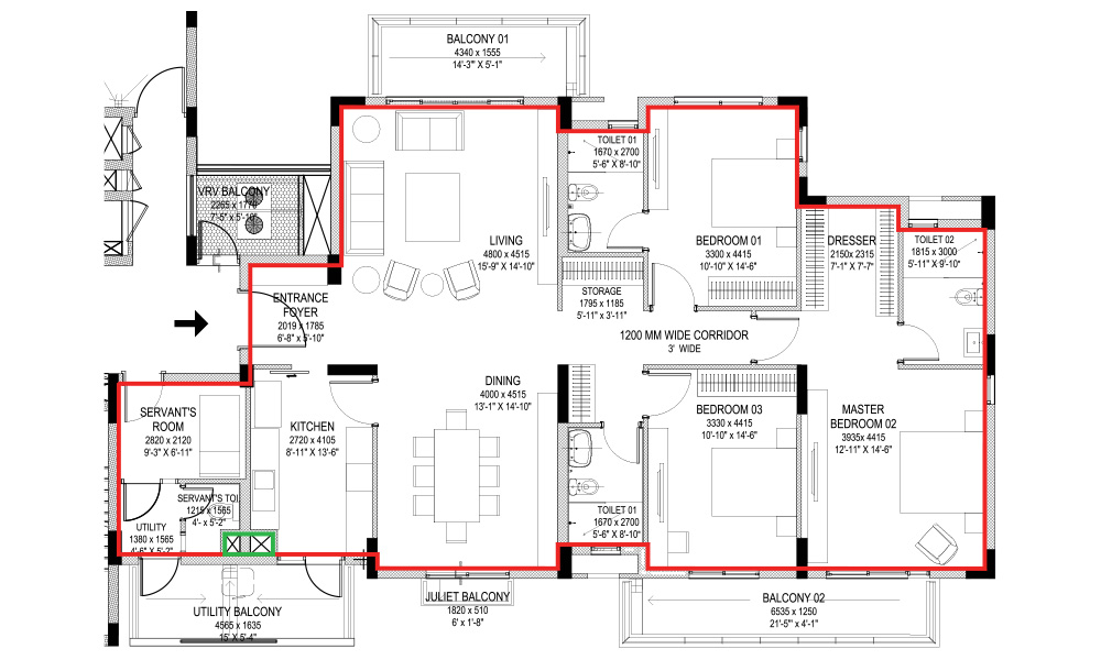4BHK+S Tower E unit plan